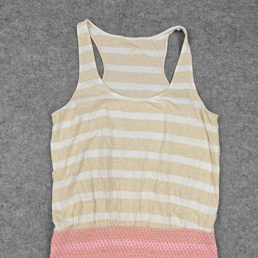 Lilly Pulitzer Dress Womens Medium Beige Stripe Smocked Tank Sundress Racerback - Picture 2 of 8